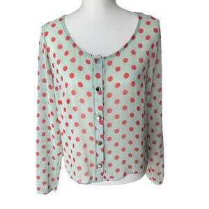AKIRA CHICAGO Top Womens Small Green Sheer Red Polka Dot Blouse Cut Out Back